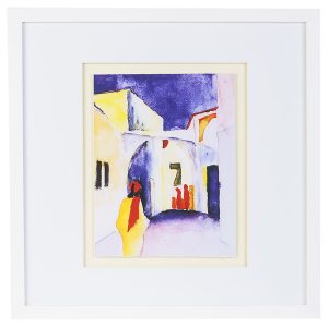 Fertig gerahmte Kunst aus unserer Galerie: August Macke "Blick in Gasse Tunisreise" mit weißem Rahmen und Passepartout