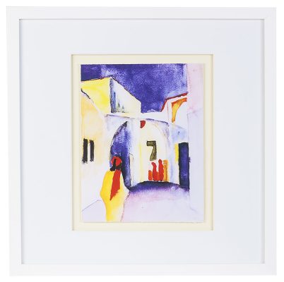 Fertig gerahmte Kunst aus unserer Galerie: August Macke "Blick in Gasse Tunisreise" mit weißem Rahmen und Passepartout
