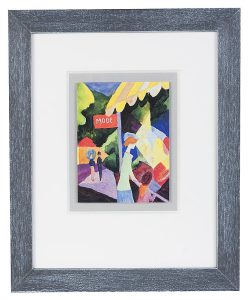 Fertig gerahmte Kunst aus unserer Galerie: August Macke "Modegeschäft" mit grauem Rahmen und Passepartout